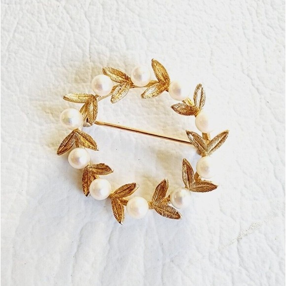 Unbranded Jewelry - 14k Yellow Gold Cultured Pearl Leaf Wreath Pin Brooch